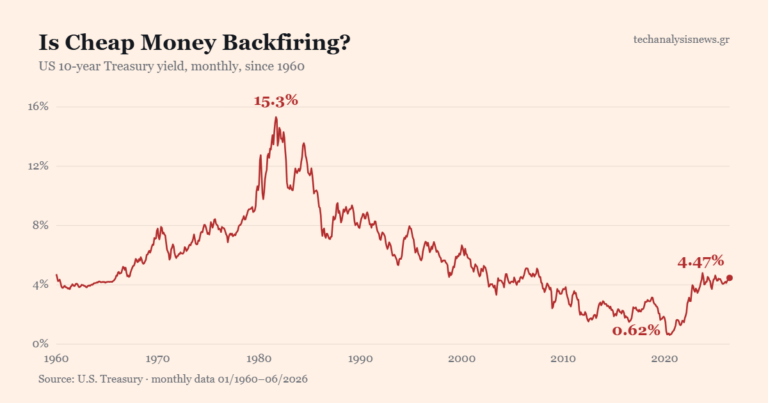 Chart: US 10-year Treasury yield since 1960 — 15.3% peak in 1981, 0.62% low in 2020 and back to 4.47%
